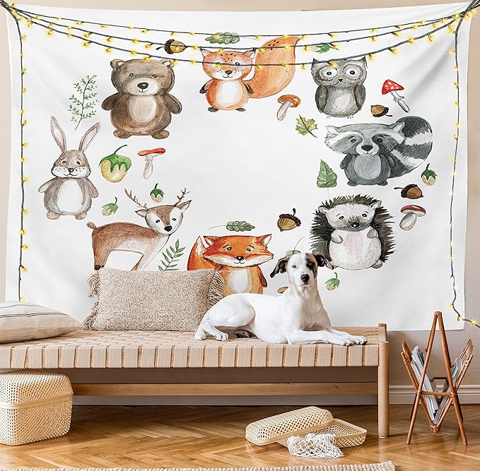 Lunarable Woodland Tapestry, Animals of The Forest Mushrooms Acorns Circular Frame Cartoon Pastel Colors, Wide Wall Hanging for Bedroom Living Room Dorm, 60" X 40", Multicolor