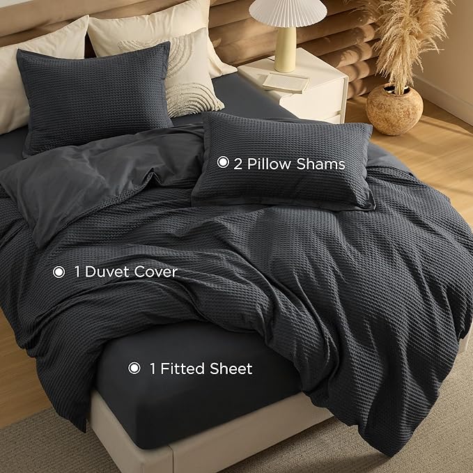 Bedsure 100% Cotton Duvet Cover King Size with Fitted Sheet - 4 Pieces Charcoal Waffle Weave Bedding Set, GentleSoft™ and Breathable, Includes 1 Duvet Cover 104x90, 1 Fitted Sheet, 2 Pillow Shams