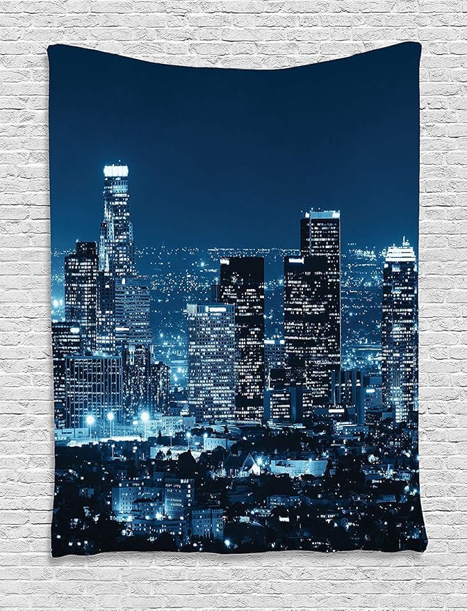 Ambesonne USA Tapestry, Los Angeles City Buildings at Night Monochromic Photo Scenery Town Dusk Scenic View, Wall Hanging for Bedroom Living Room Dorm, 60" X 80", Night Blue
