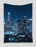 Ambesonne USA Tapestry, Los Angeles City Buildings at Night Monochromic Photo Scenery Town Dusk Scenic View, Wall Hanging for Bedroom Living Room Dorm, 60" X 80", Night Blue