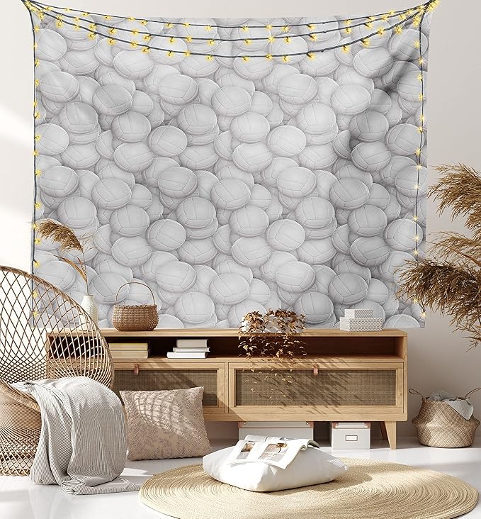 Lunarable Volleyball Tapestry Twin Size, 3 Dimensional White Balls Sports Equipment Digital Composition Team Event, Wall Hanging Bedspread Bed Cover Wall Decor, Twin Size, Grey