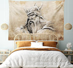 Lunarable Viking Tapestry, Sketch Style Scandinavian Warrior with Beard and Hat Masculine Portrait Tattoo, Wide Wall Hanging for Bedroom Living Room Dorm, 80" X 60", Beige Tan