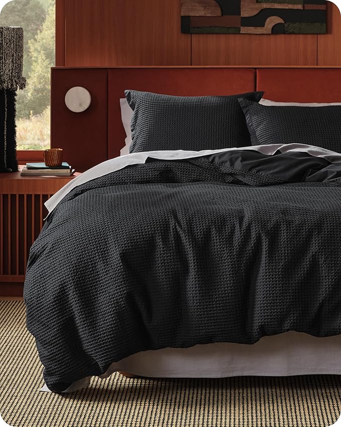 Bedsure Cotton Duvet Cover Set - 100% Cotton Waffle Weave Black Duvet Cover California King, GentleSoft™ and Breathable Cal King Bedding Set for All Season, 3 Pieces, 104"x98"