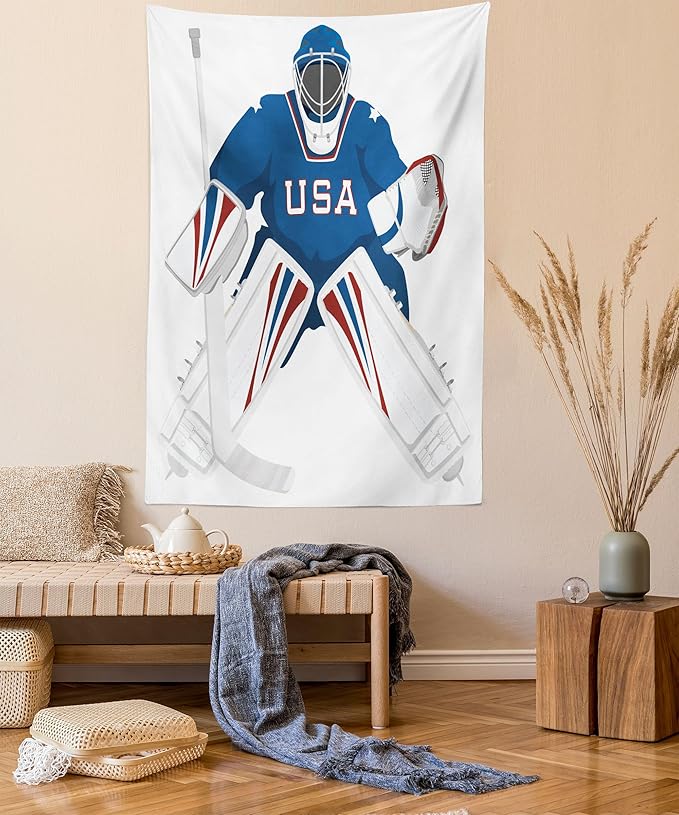 Ambesonne Sports Tapestry, USA Hockey Goalie Protection Jersey Sport Wear Activity Hobby Illustration, Wall Hanging for Bedroom Living Room Dorm Decor, 40" X 60", Burgundy White