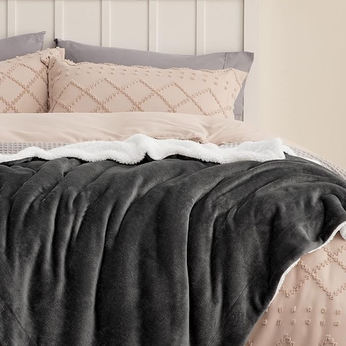 Bedsure GentleSoft Sherpa Fleece Throw Blanket Twin Size for Couch - Thick and Warm Throw for Women and Men, Soft Fuzzy Plush Twin Blanket for Winter, Charcoal, 60x80 Inches