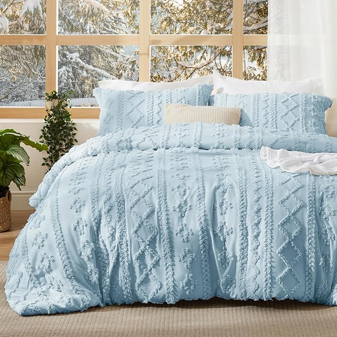 Bedsure Tufted Boho Comforter Set Twin Size - Dusty Blue Boho Bed Set, GentleSoft™ 2 Pieces Farmhouse Shabby Chic Embroidery Bedding, Gifts for Woman, Soft Jacquard Twin Comforter for All Seasons