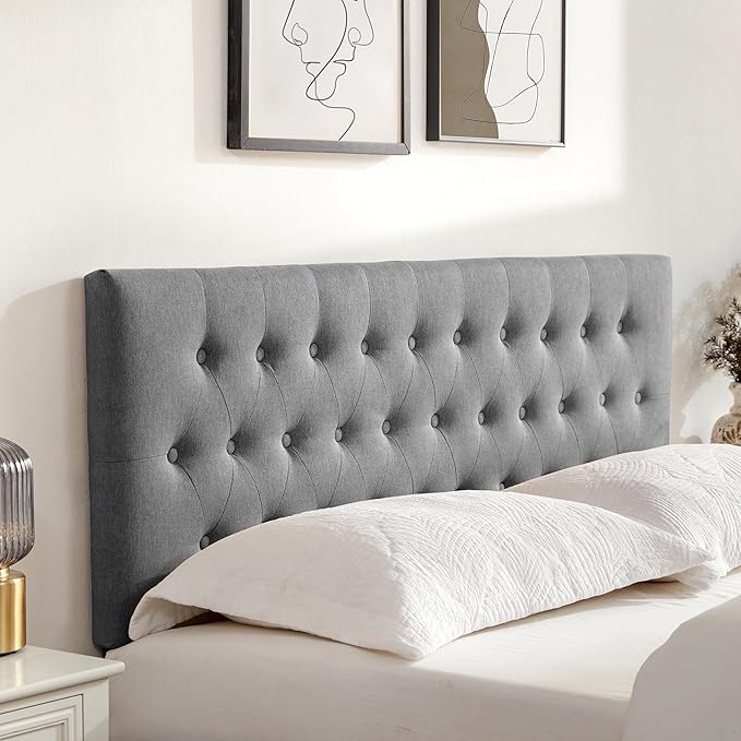 Tufted Upholstered Headboard Twin Size, Solid Wood Head Board with Durable Metal Legs, Adjustable Height Twin XL headboard from 37” to 51” Fabric Headboard in Modern Button Design, Grey