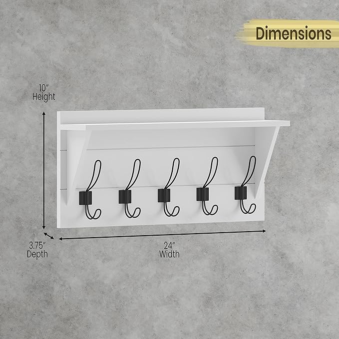 HBCY Creations 24" Wall Mounted Storage Rack - Pine Wood Construction - Solid White Finish - Upper Storage Shelf - 5 Hooks - Ideal for Entryway, Kitchen, Bathroom