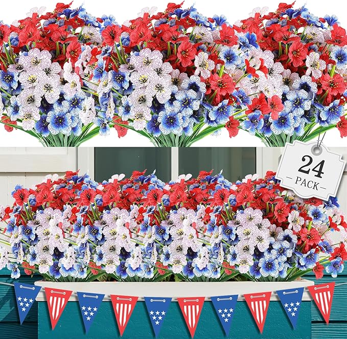 AGIRL 24 Bundles Artificial Flowers for Outdoor,No Fade Fake Plastic Flowers for Garden Porch Window Box Home,Red White Blue Faux Plants for 4th of July Memorial Day Independence Day Patriotic Decor