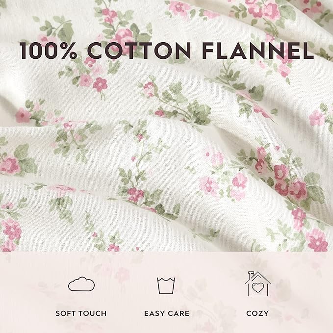 Laura Ashley Home | Flannel Collection | Premium Ultra Soft Cozy Lightweight Cotton Flannel Bedding Sheet Set, Wrinkle, Anti-Fade, Stain Resistant & Hypoallergenic, Twin, Audrey Pink (201589)