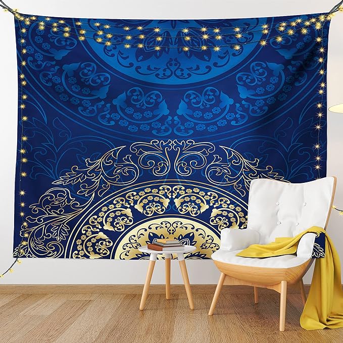 Lunarable Royal Blue Tapestry King Size, Vintage Eastern Circular Floral Old Fashioned Design, Wall Hanging Bedspread Bed Cover Wall Decor, King Size, Blue Yellow