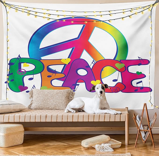 Ambesonne Groovy Tapestry, Peace Text Sign Letters Seventies Musical Historic Revolution Equality Illustration, Wall Hanging for Bedroom Living Room Dorm Decor, 40" X 60", Pink Blue