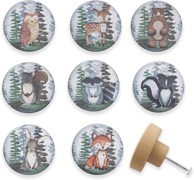 Set of 8 1.8" Wooden Cute Safari Animal Cabinet Knob Decorative Wood Kids Furniture Dresser Drawer Knobs Nursery Drawer Handles