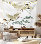 Lunarable Bird Tapestry Twin Size, 2 Japanese Cranes Flying Traditional Painting Style Far Eastern Illustration, Wall Hanging Bedspread Bed Cover Wall Decor, Twin Size, Ivory Green Black