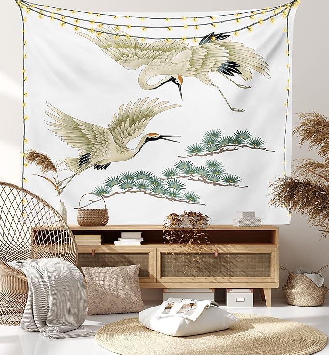 Lunarable Bird Tapestry, 2 Japanese Cranes Flying Traditional Painting Style Far Eastern Illustration, Fabric Wall Hanging Decor for Bedroom Living Room Dorm, 30" X 45", Ivory Green Black