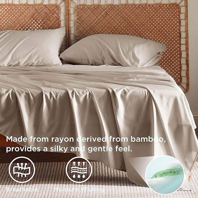 Bedsure California King Sheet Sets, Cooling Sheets, Rayon Derived from Bamboo, Deep Pocket Up to 16", Breathable & Soft Bed Sheets, Hotel Luxury Silky Bedding Sheets & Pillowcases, Simply Taupe