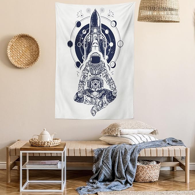 Lunarable Moon Phases Tapestry, Space Shuttle Astronaut in Lotus Position Tattoo Design Yoga Meditation, Wall Hanging for Bedroom Living Room Dorm Decor, 60" X 80", Dark Blue White