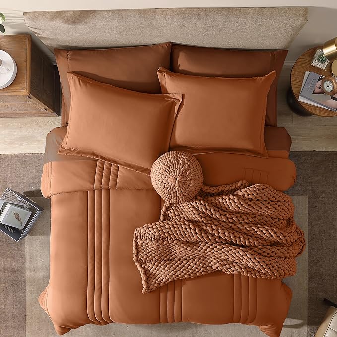 Monbix King Size Comforter Set - 7 Pieces Bed in a Bag King, Burnt Orange Bedding Sets with Comforter, All Seasons Down Alternative Comforter Bed Set with Sheets, Pillowcases & Shams