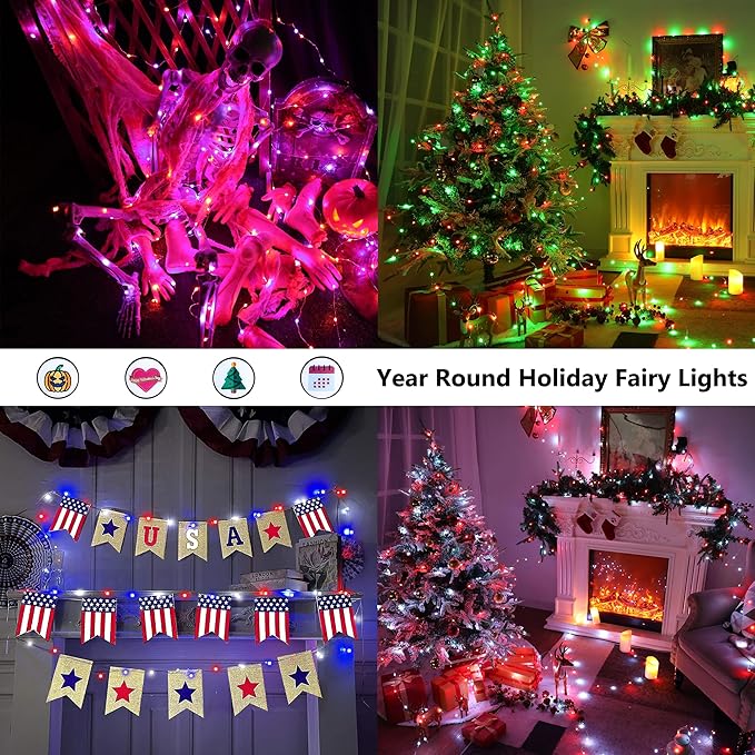 BrizLabs Christmas Fairy Lights - 66ft 200 LED Color Changing Fairy Lights with Remote, Plugin RGB Rainbow Christmas Twinkle Light White & Red Starry Xmas Light for Xmas Halloween Home Party Wedding