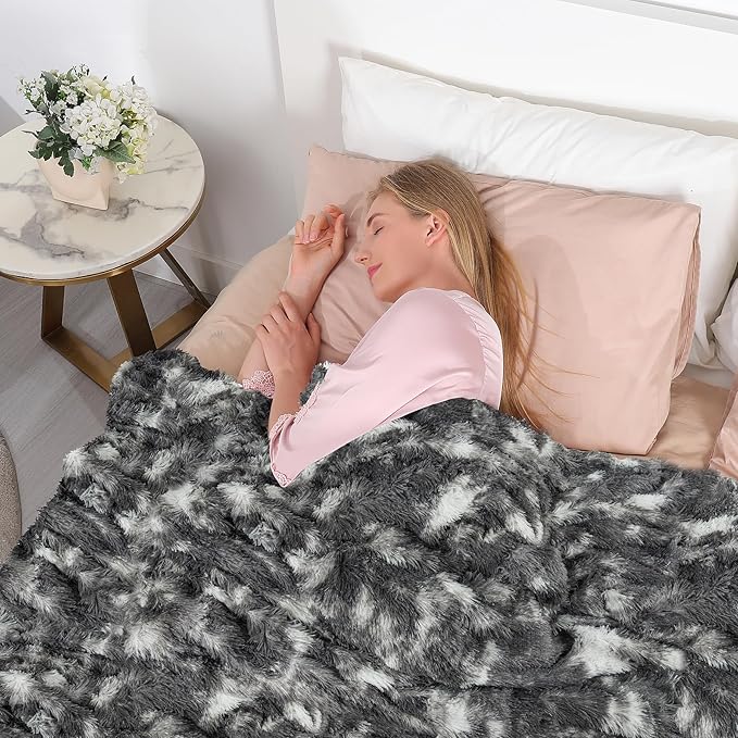 Tuddrom Decorative Extra Soft Faux Fur Blanket Queen Size 80"x90",Solid Reversible Fuzzy Fluffy Plush Fleece Comfy Microfiber Fur Blanket for Couch Sofa Bed,Tie Dye Grey