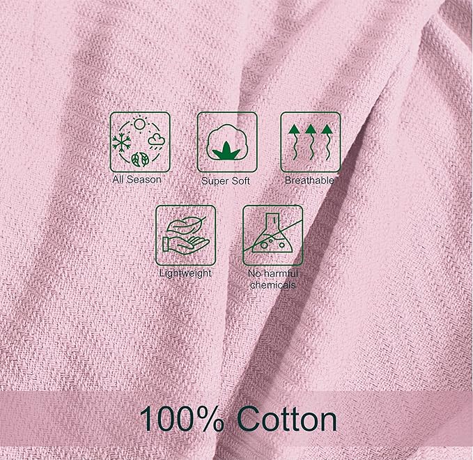 COTTON CRAFT Soft Cotton Thermal Blanket - Plush Herringbone Twill - All Season Luxurious Breathable Skin Friendly Lightweight Cooling Throw Blanket - Sofa Couch Travel Camping Dorm - Twin Light Pink