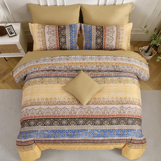 Boho Queen Comforter Set 8 Pieces, Yellow Bohemian Striped Bed in a Bag, Paisley Soft Microfiber Bedding Comforter Set
