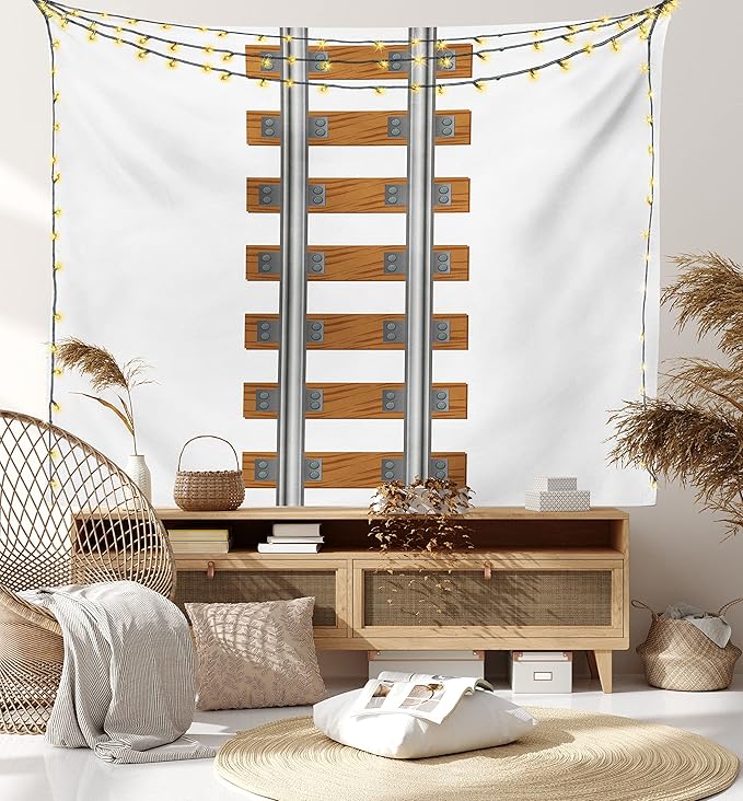 Lunarable Train Tapestry King Size, Vertical Tracks Railroad for Trains Ways of Transportation in The Old Days, Wall Hanging Bedspread Bed Cover Wall Decor, King Size, Brown White