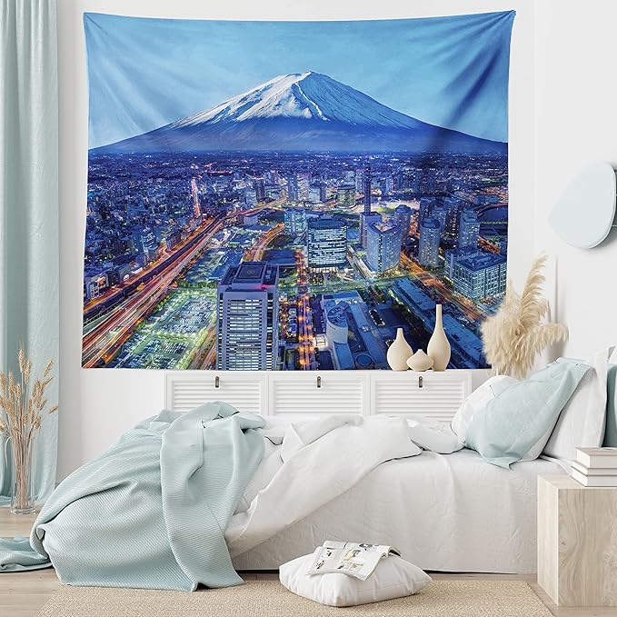 Ambesonne Scenery Tapestry, Skyline of Mt. Hill and Yokohama Japan Financial District Mountain Volcano Landscape, Wide Wall Hanging for Bedroom Living Room Dorm, 80" X 60", Blue