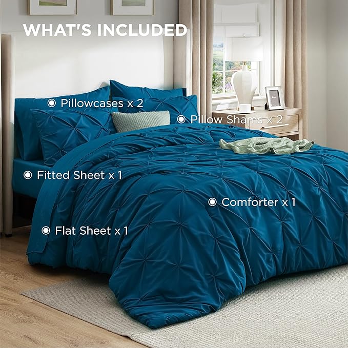 Bedsure California King Comforter Set Teal - Bed in a Bag Cal King Bedding Set 7 Pieces, GentleSoft™ Pintuck Bed Set Gift for Family, Pinch Pleat Teal Comforter with Sheets, Pillowcases & Shams
