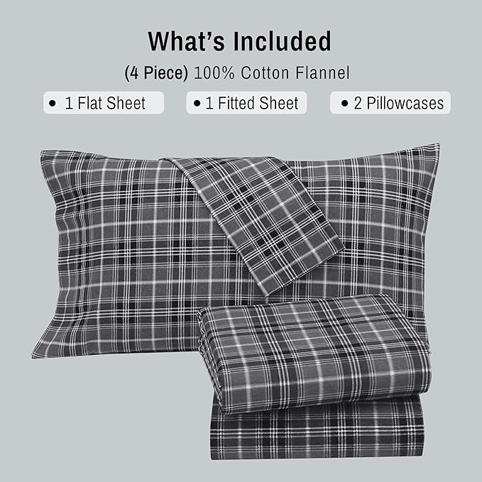 RUVANTI Flannel Sheets King Size - 100% Cotton Brushed King Size Sheets Set - Deep Pockets 16 Inches Bed Sheets - All Seasons Breathable & Extra Soft - Warm & Cozy, 4 Piece, Grey Plaid