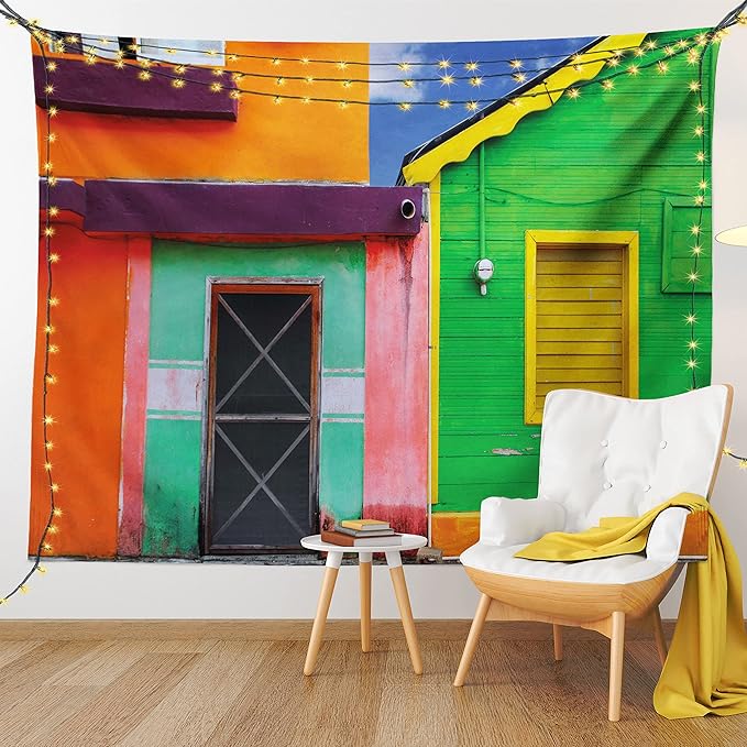 Lunarable Mexican Tapestry, Caribbean Houses in Vibrant Color Scheme in Isla Mujeres Mexico Latin America Photo, Wall Hanging for Bedroom Living Room Dorm Decor, 40" X 60", Green Pink