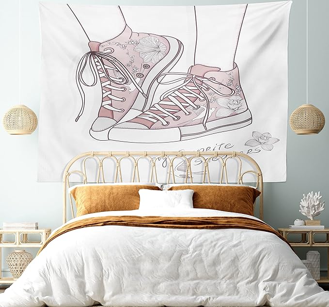 Lunarable Cartoon Tapestry King Size, Shoes with Floral Pattern Teenage Girls Sneakers Flowers Birds Retro Urban, Wall Hanging Bedspread Bed Cover Wall Decor, King Size, Rose White
