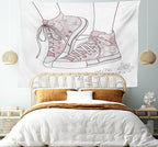 Lunarable Cartoon Tapestry King Size, Shoes with Floral Pattern Teenage Girls Sneakers Flowers Birds Retro Urban, Wall Hanging Bedspread Bed Cover Wall Decor, King Size, Rose White