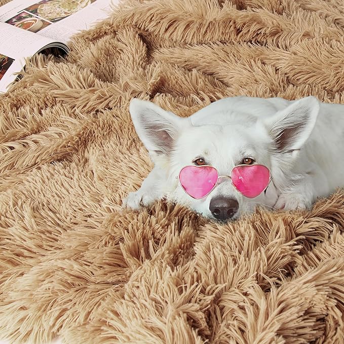 Tuddrom Decorative Extra Soft Faux Fur Throw Blanket 50" x 60",Solid Reversible Fuzzy Long Hair Shaggy Blanket,Fluffy Cozy Plush Fleece Comfy Microfiber Fur Blanket for Couch Sofa Bed,Camel