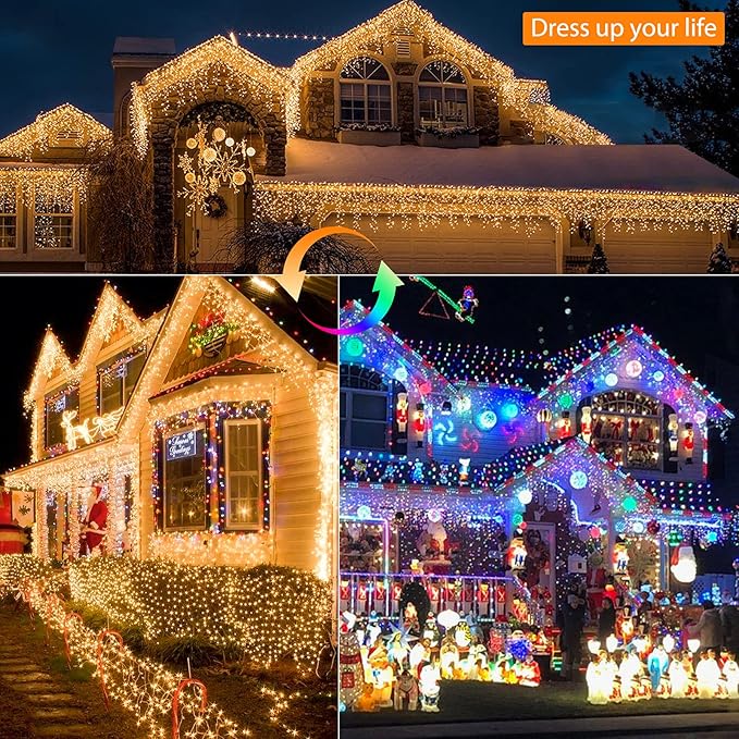 Brizled Christmas Icicle Lights, 29ft 360 LED Outdoor Icicle Lights Color Changing with Remote, 11 Function Connectable Christmas Lighting Warm White & Multicolor Xmas Lighting for Xmas Home Wedding