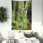 Lunarable Woodland Tapestry Twin Size, Waterfall in Deep Forest Scenery in The Woods Green of Earth Covering Plants, Wall Hanging Bedspread Bed Cover Wall Decor, Twin Size, Forest Green