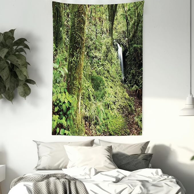 Lunarable Woodland Tapestry Twin Size, Waterfall in Deep Forest Scenery in The Woods Green of Earth Covering Plants, Wall Hanging Bedspread Bed Cover Wall Decor, Twin Size, Forest Green