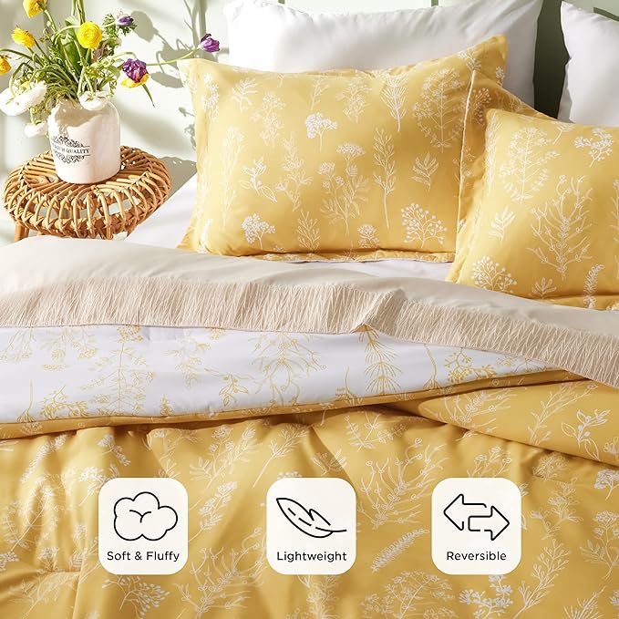 Bedsure Queen Comforter Set - Yellow Bed Set, 3 Pieces Cute Floral Bedding, 1 Soft Reversible Botanical Flowers Comforter and 2 Pillow Shams