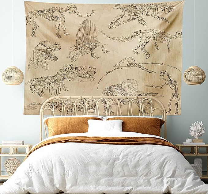 Lunarable Dinosaur Tapestry King Size, Hand Drawn Style Skeletons Bones from Medieval Times Archeology Theme, Wall Hanging Bedspread Bed Cover Wall Decor, King Size, Sand Brown Army Green
