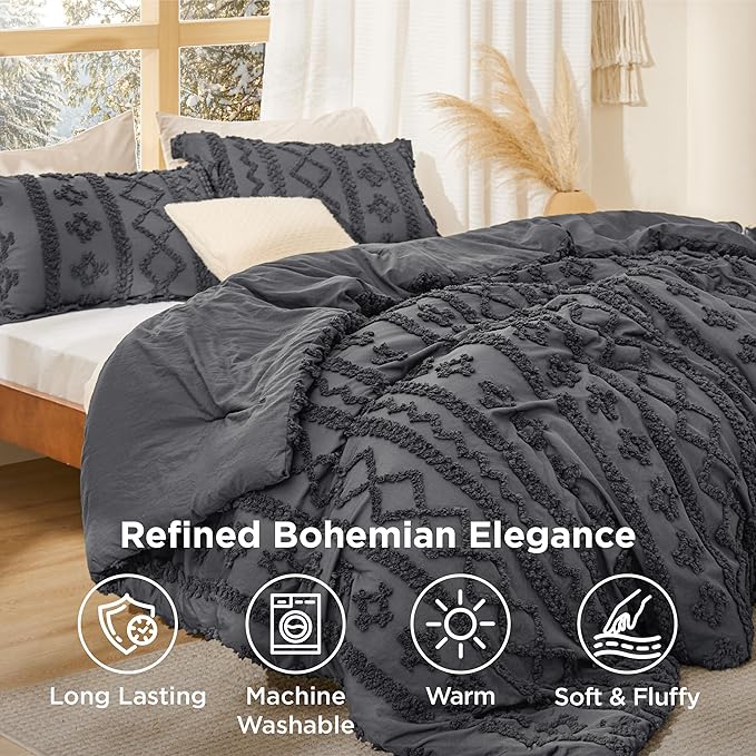 Bedsure Tufted Boho Comforter Set Twin Size - Dark Grey Boho Bed Set, GentleSoft™ 2 Pieces Farmhouse Shabby Chic Embroidery Bedding, Gifts for Woman, Soft Jacquard Twin Comforter for All Seasons