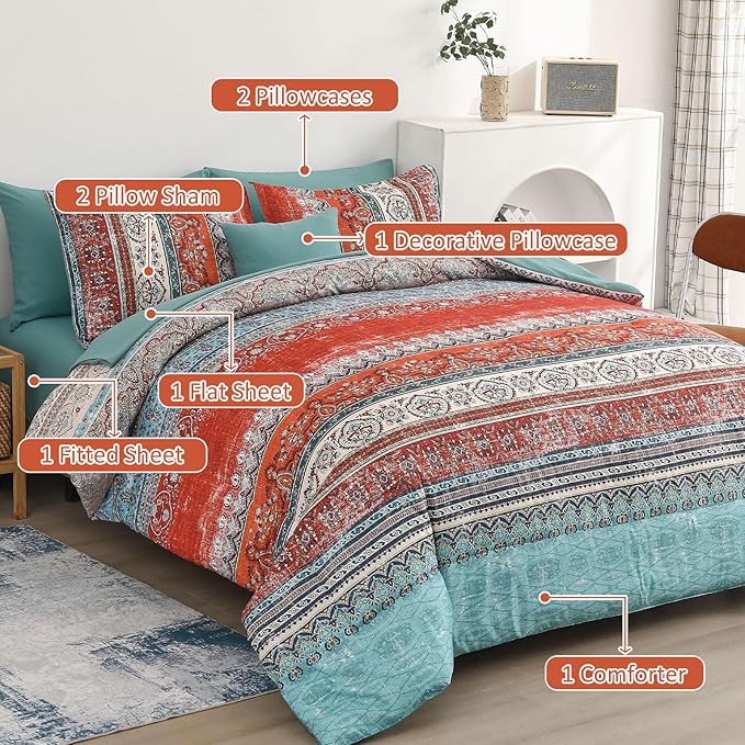 Cottolester Boho Queen Comforter Set 8 Pieces, Terracotta Comforter Bohemian Striped Bed in A Bag,Soft Microfiber Bedding Set for All Seasons