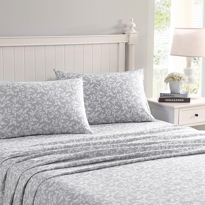 Laura Ashley - Flannel Sheets Full Size, Anti-Pilling & Wrinkle Resistant Cotton, Touchably Soft for All-Season Comfort - Bed Sheets with Matching Pillowcases & Fitted Sheet (Crestwood Pastel Grey)