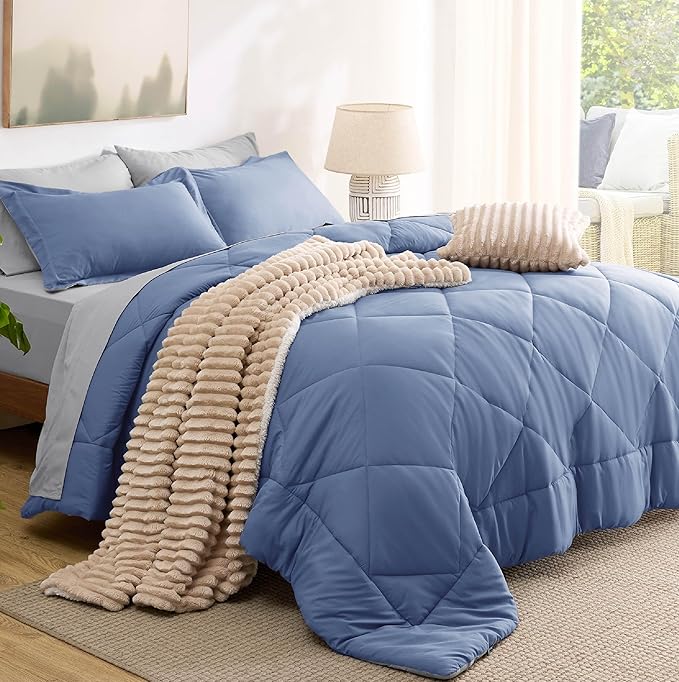 Bedsure King Size Comforter Set - 7 Pieces Reversible Infinity Blue Bedding, King Size Bed Set for All Seasons, Bed in a Bag with Down Alternative Comforter, Sheets, Pillowcases & Shams