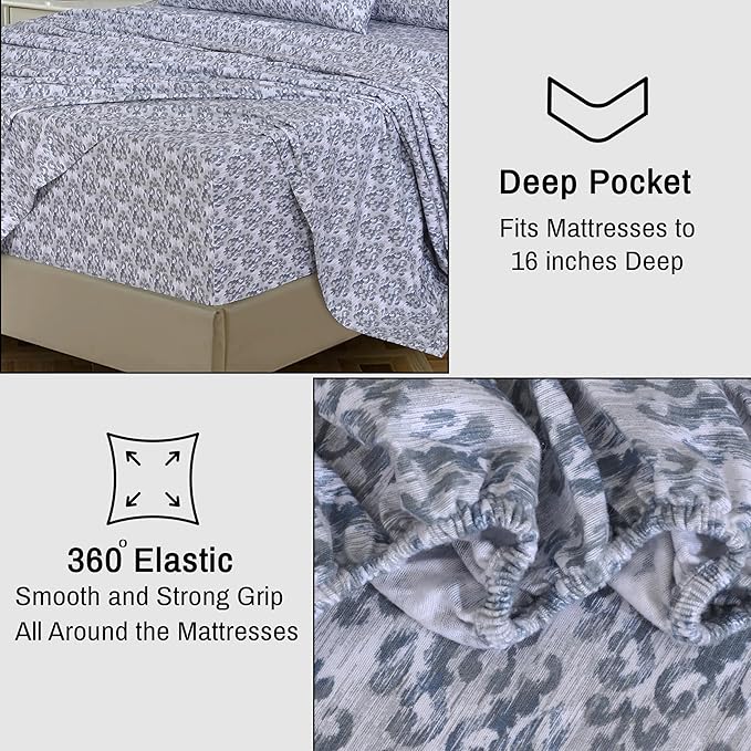 RUVANTI Flannel Sheets Queen Size - 100% Cotton Double Brushed Bed Sheets, Deep Pockets 16 Inches Queen Sheet Set, All Seasons Breathable & Extra Soft - Warm & Cozy, 4 Piece, Damask