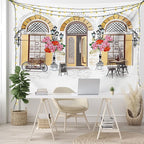 Lunarable Urban Tapestry King Size, European Coffee Shop at Paris Streets with Flowerbeds and Lanterns Romantic Print, Wall Hanging Bedspread Bed Cover Wall Decor, King Size, Beige Pink