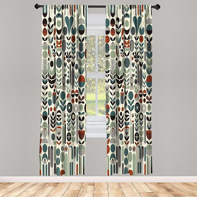 Ambesonne Leafy Art Window Curtains Pack of 2, Scandinavian Leaves Pattern with Geometric Roundy Modern Boho Print, Lightweight Set with Rod Pocket, 4 Panels of - 28" x 95", Pale Green Redwood Teal