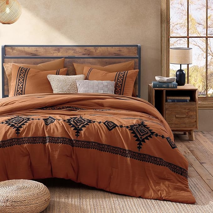 MaiRêve California King Comforter Set Burnt Orange, Embroidery Western Bedding Set Boho 7 Pieces, Farmhouse All-Season Bed in A Bag with Sheets, Pillowcases & Shams