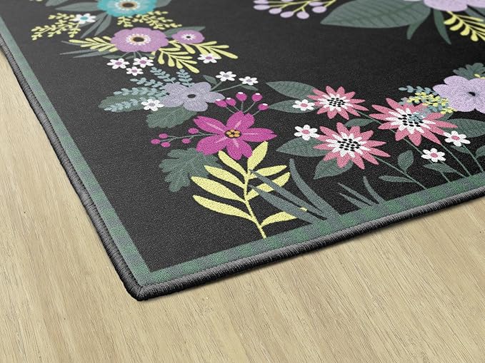 Flagship Carpets Schoolgirl Style Vintage Floral Educational Area Rug for Kids Room Seating Décor, Children's Classroom, Play Carpet for Teaching and Playroom, 7'6" x 12', Black & Multi