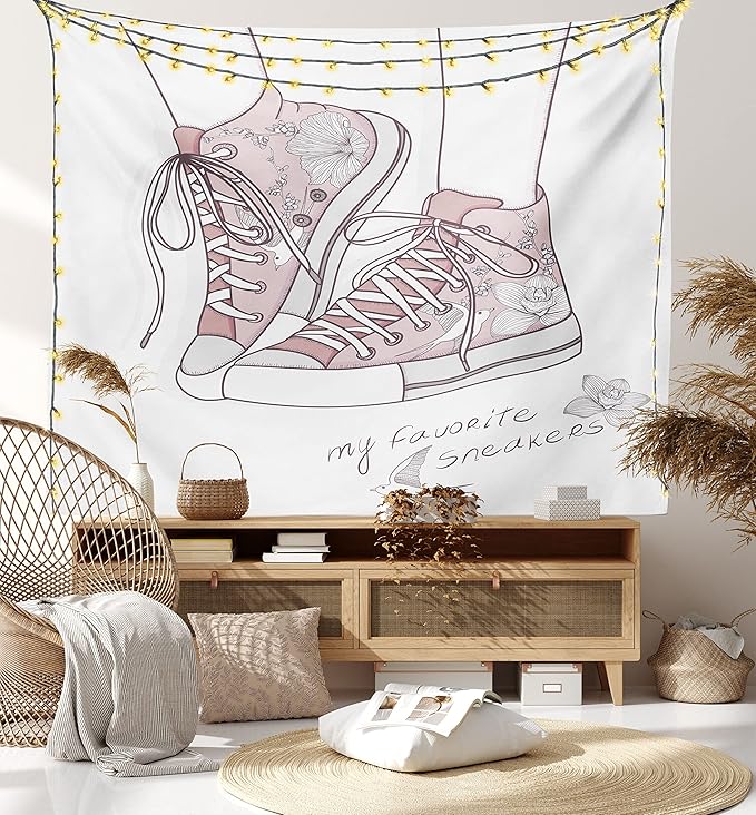 Lunarable Cartoon Tapestry, Shoes with Floral Pattern Teenage Girls Sneakers Flowers Birds Retro Urban, Wall Hanging for Bedroom Living Room Dorm Decor, 60" X 80", Rose White
