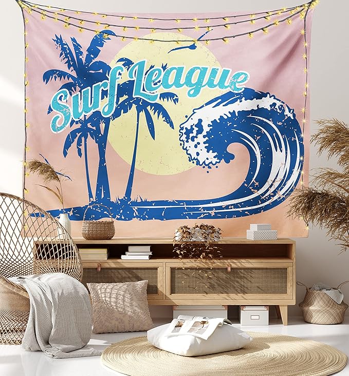 Lunarable Vintage Hawaii Tapestry, Surf League Lettering with Wave Tropical Trees and Birds Silhouettes Print, Fabric Wall Hanging Decor for Bedroom Living Room Dorm, 28" X 23", Pink Blue